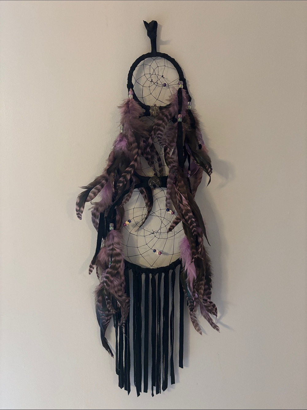 Boho Black Wall Dreamcatcher with Purple Feathers